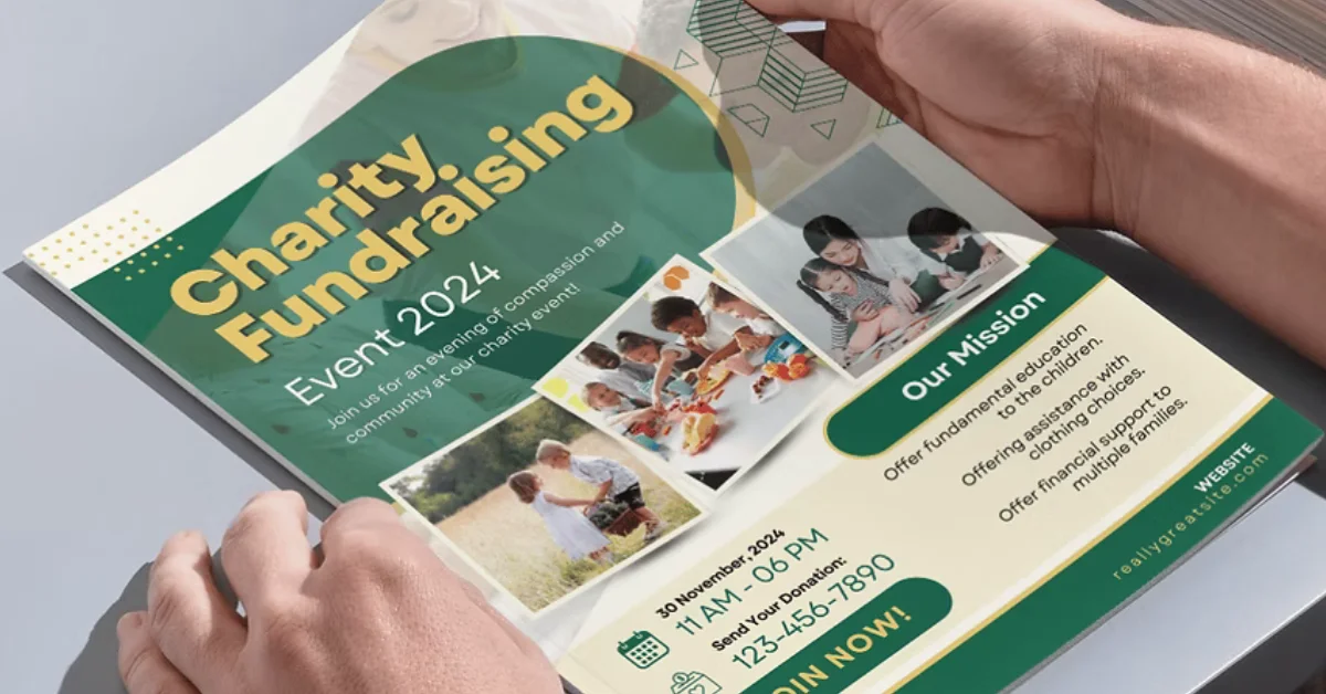 Charity fundraising event flyer design held in hands showcasing event details and layout