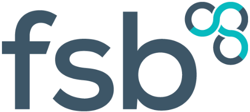 Federation of Small Businesses logo with dark blue lettering and teal circular icon.