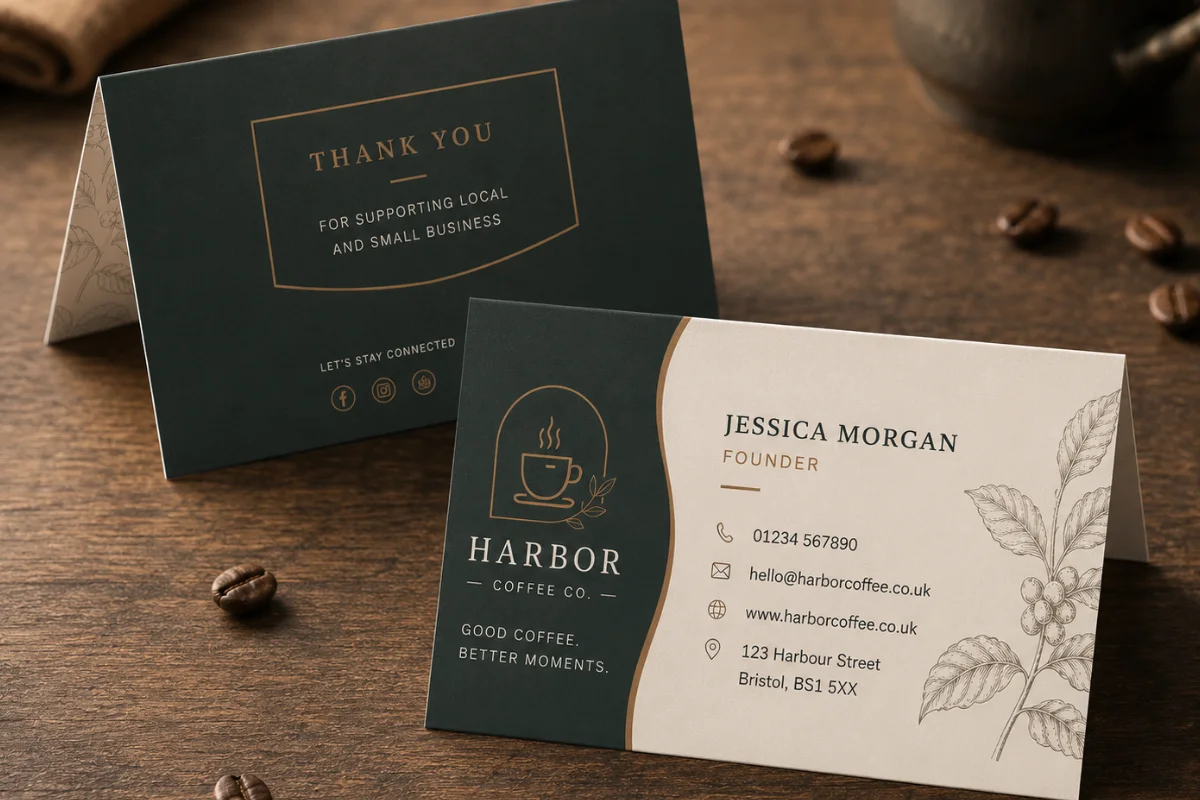 Folded Harbour Coffee Co business cards displayed on a wooden table, featuring dark green and cream branding, founder contact details, thank you messaging and coffee plant illustrations.