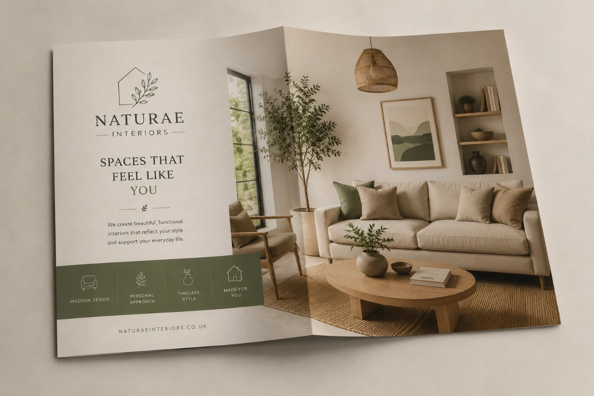 Open Naturae Interiors brochure showing a neutral living room design with sofa, coffee table, indoor plant, shelving and natural home décor.