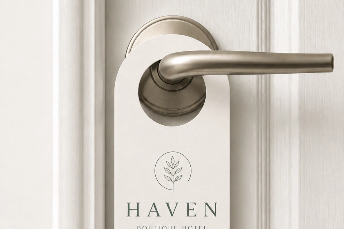 Printed door hanger on a white interior door handle, featuring clean minimal branding and a professional card print finish.