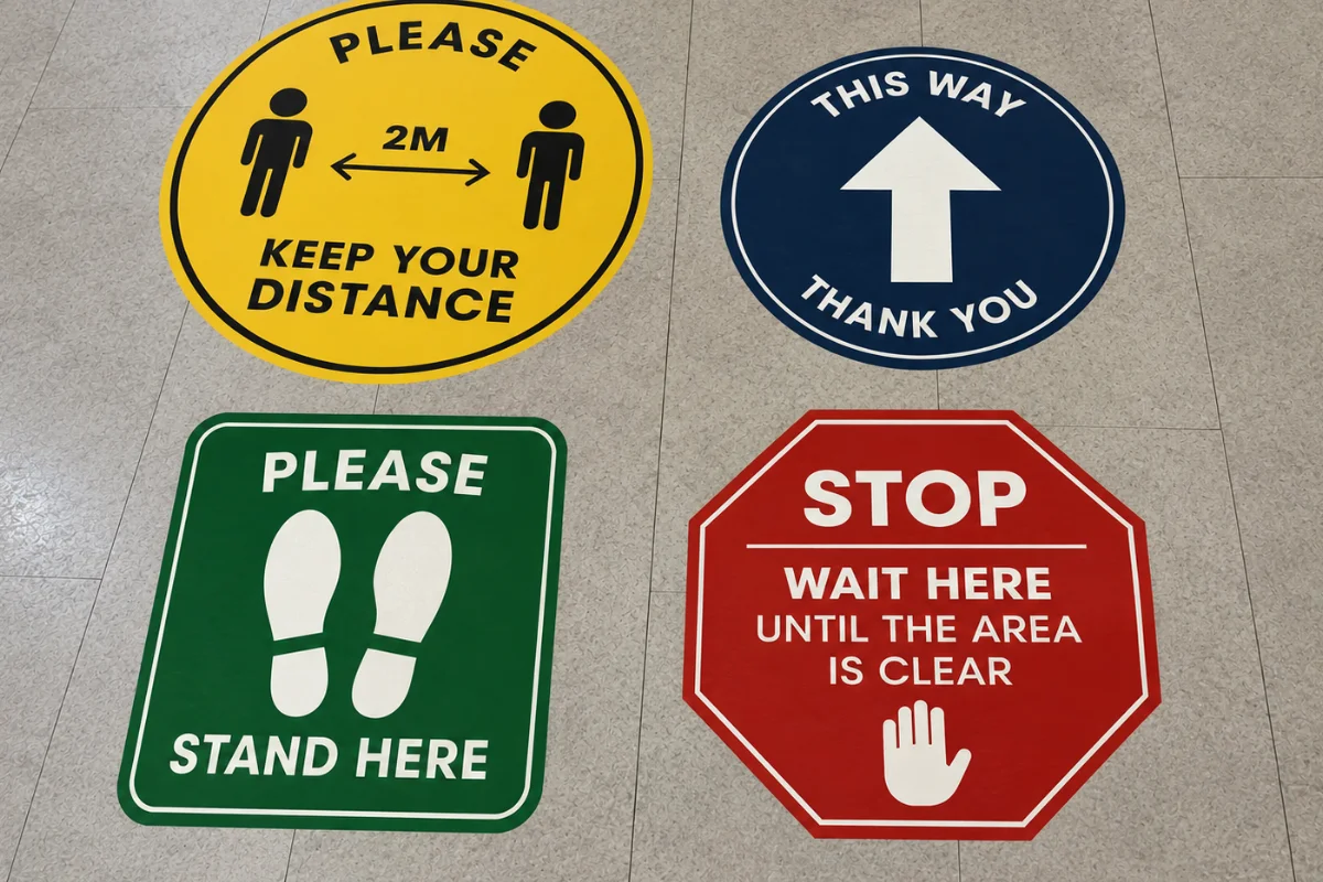 Printed floor graphics showing social distancing, stand here, this way and stop wait here signs on tiled flooring.