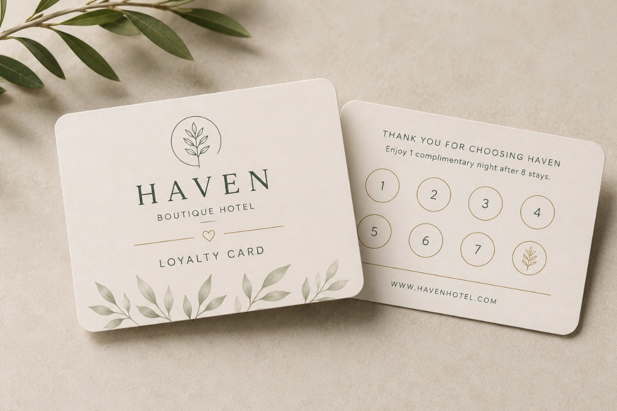 Printed loyalty cards with rounded corners, soft cream branding, leaf illustrations, reward stamp circles and a clean premium card finish.