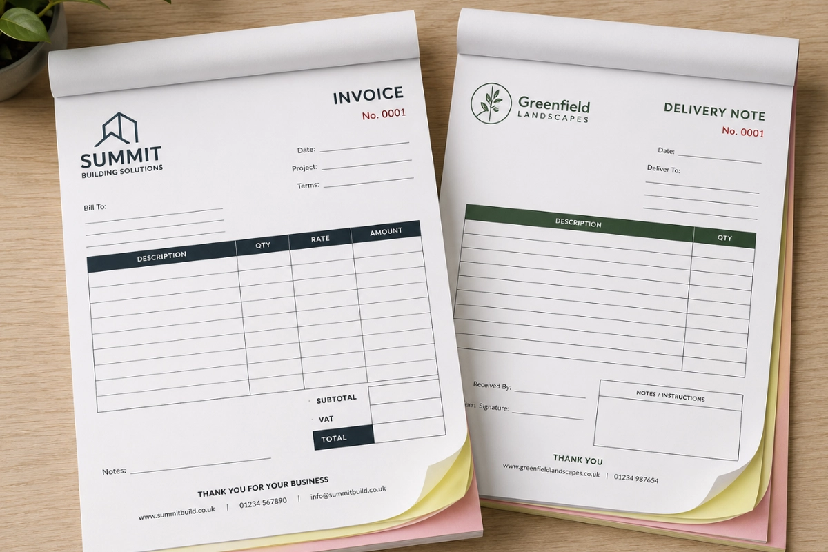 Printed NCR pads showing invoice and delivery note forms with branded headers, table sections and duplicate paper sheets.