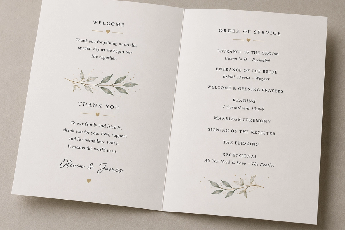 Printed order of service booklet shown open with two inside pages, centred text layout and decorative leaf illustrations.