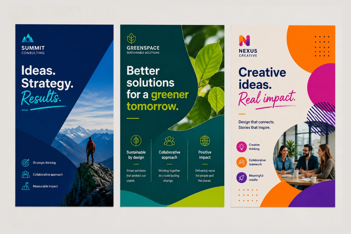 Printed pull up banners shown in three different vertical designs with text, images, icons and bold graphic layouts.