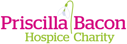 Priscilla Bacon Hospice Charity logo with pink and green text and a small snowdrop flower graphic.