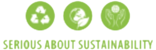 Serious About Sustainability logo with green circular environmental icons and sustainability wording.