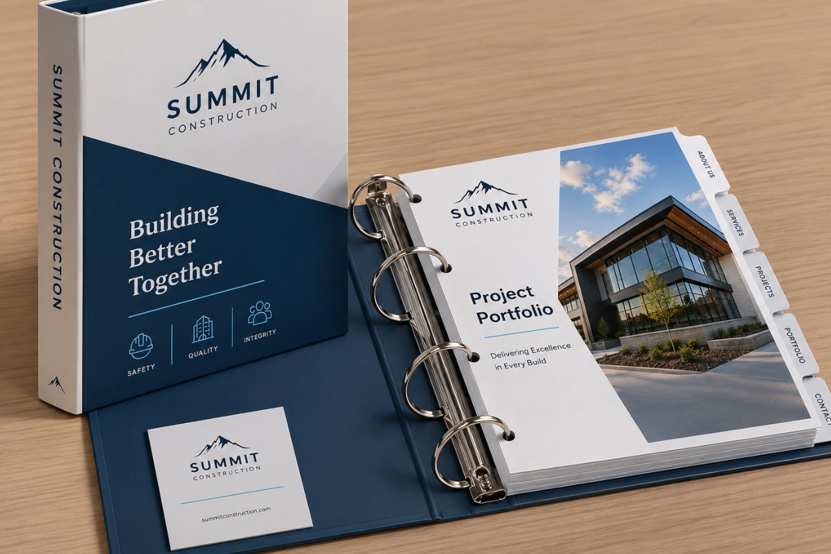 Summit Construction branded ring binder and open project portfolio booklet on a wooden desk, showing a modern building photo, section tabs and business card.