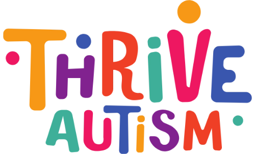 Thrive Autism logo with colourful playful lettering and dot graphics.