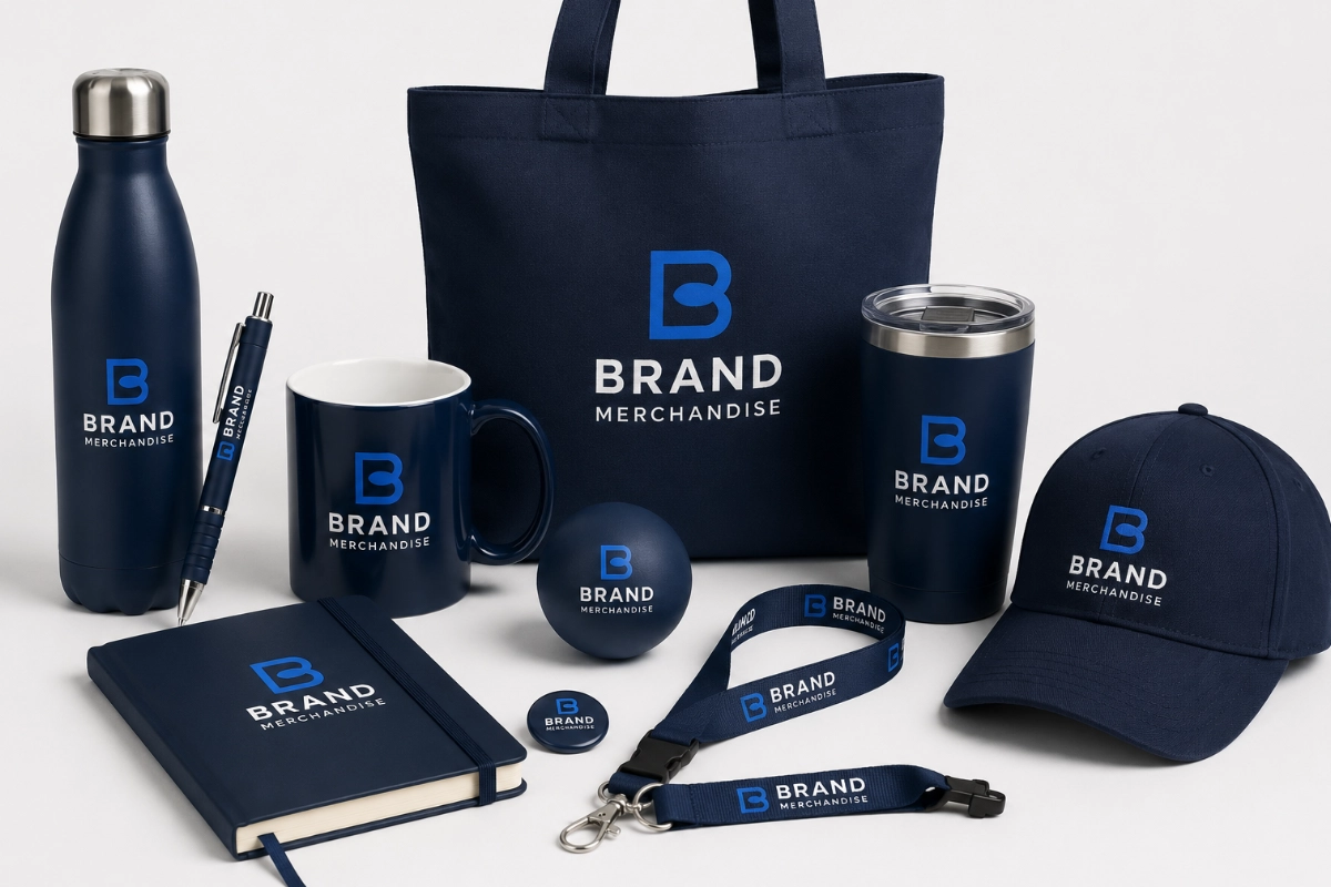 Collection of navy branded merchandise including a tote bag, water bottle, mug, travel cup, cap, notebook, pen and lanyard.