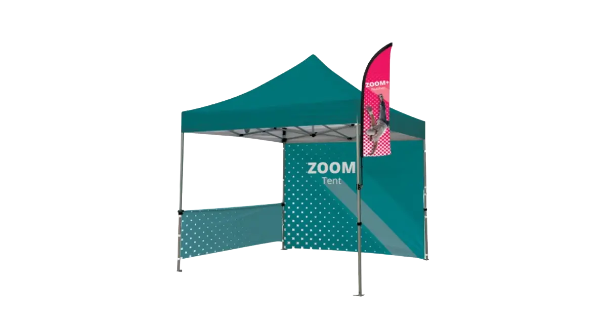 Zoom Tent 3x3 branded outdoor event gazebo with printed panels and flag